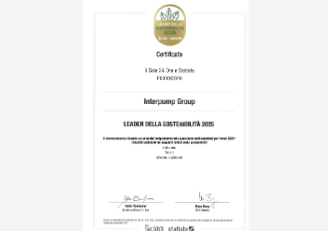 Interpump Group «Leader della Sostenibilità 2025» secondo il Sole 24 Ore